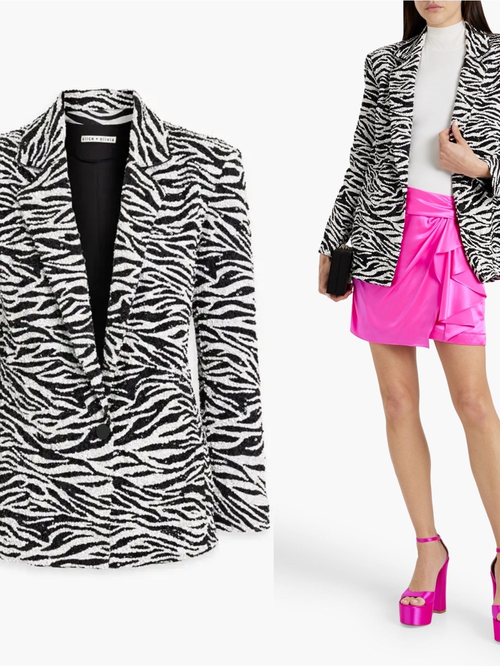 Alice + Olivia Shan Zebra Print Sequin Satin Blazer Jacket $1495 US 6